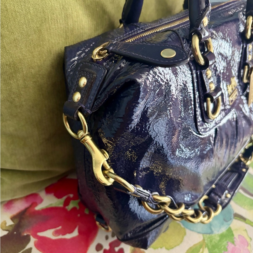 Coach Patent Leather Satchel in Deep Navy Blue with Gold Hardware - Picture 6 of 11